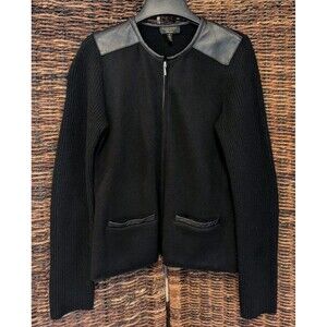 Charter Club Luxury 100% Cashmere Leather Zip Up Cardigan Sweater Medium Black